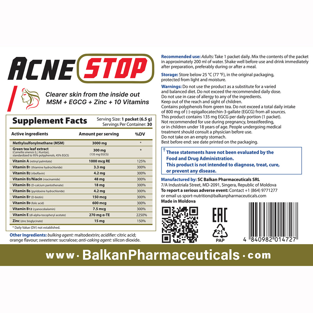 Acne Stop, Supliment pentru Ten Acneic și Sănătatea Pielii, 30 Plicuri