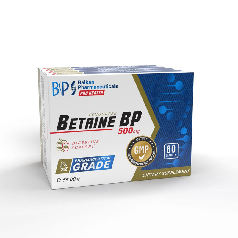 Betaine BP, Supliment pentru Digestie și Aciditate Stomacală, 500 mg, 60 caps.