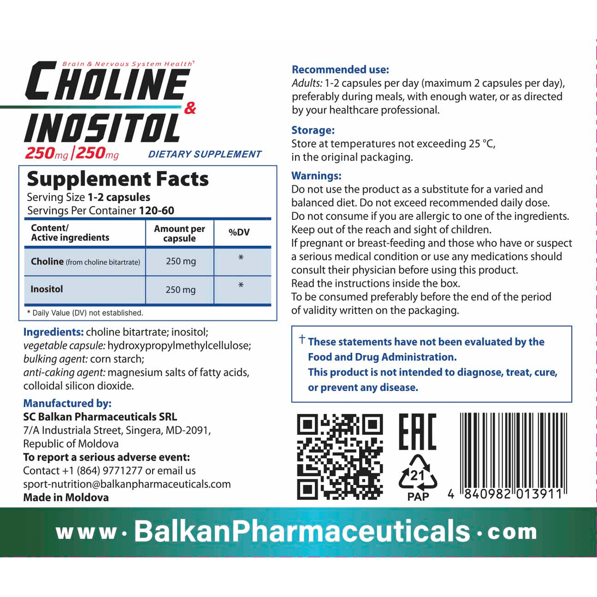 Choline & Inositol, 250 mg + 250 mg, 120 caps.