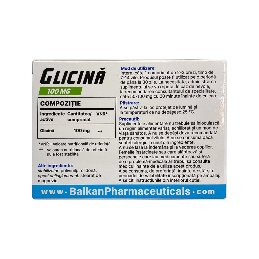 Glicină 100 mg pentru Calitatea Somnului și Relaxare Nervoasă, 60 Comp.