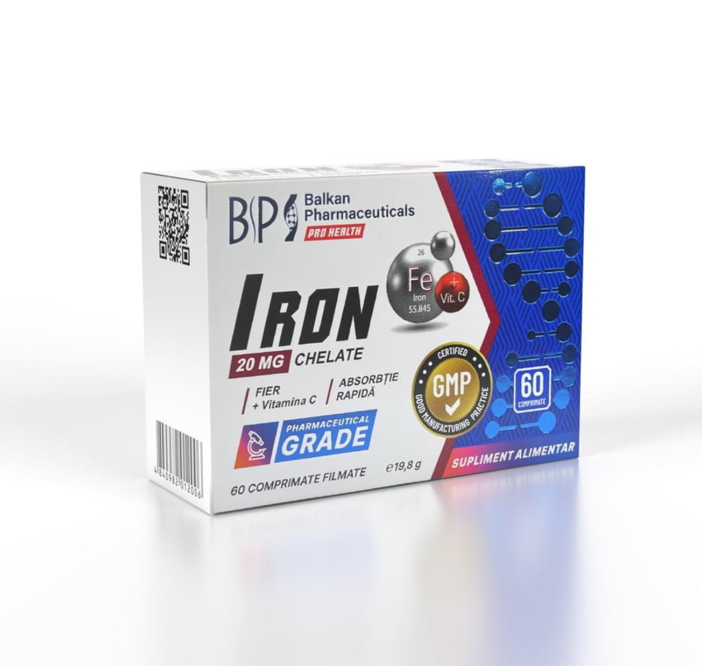 Iron Chelate BP, Fier Bisglicinat 20 mg + Vitamina C, 60 Comprimante – Absorbție Rapidă