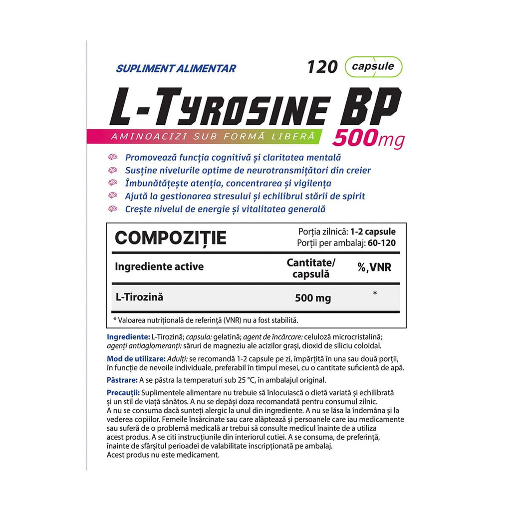 L-Tyrosine BP 500 mg, Susținere Tiroidă și Metabolism, 120 Caps.