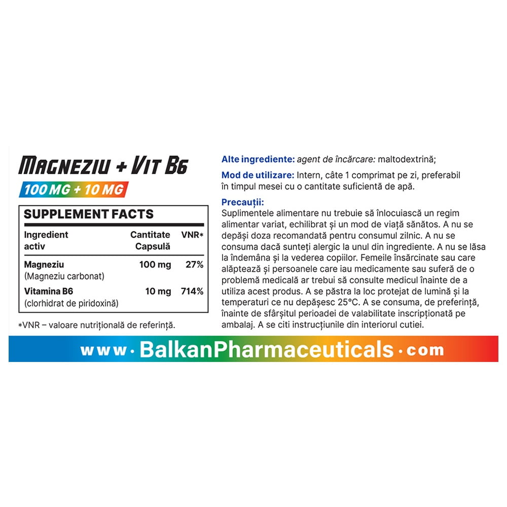 Magneziu și Vitamina B6, 100 mg + 10 mg, 30 comp.