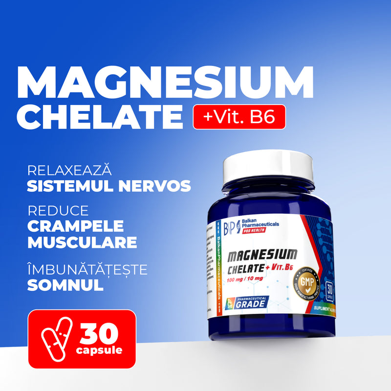 Magneziu Bisglicinat (chelat) + Vit. B6, 100mg+10mg, 30 capsule