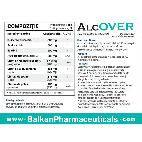 Alcover, Supliment Anti-Mahmureală și Detoxifiere Ficat, 5 Plicuri x 10 g