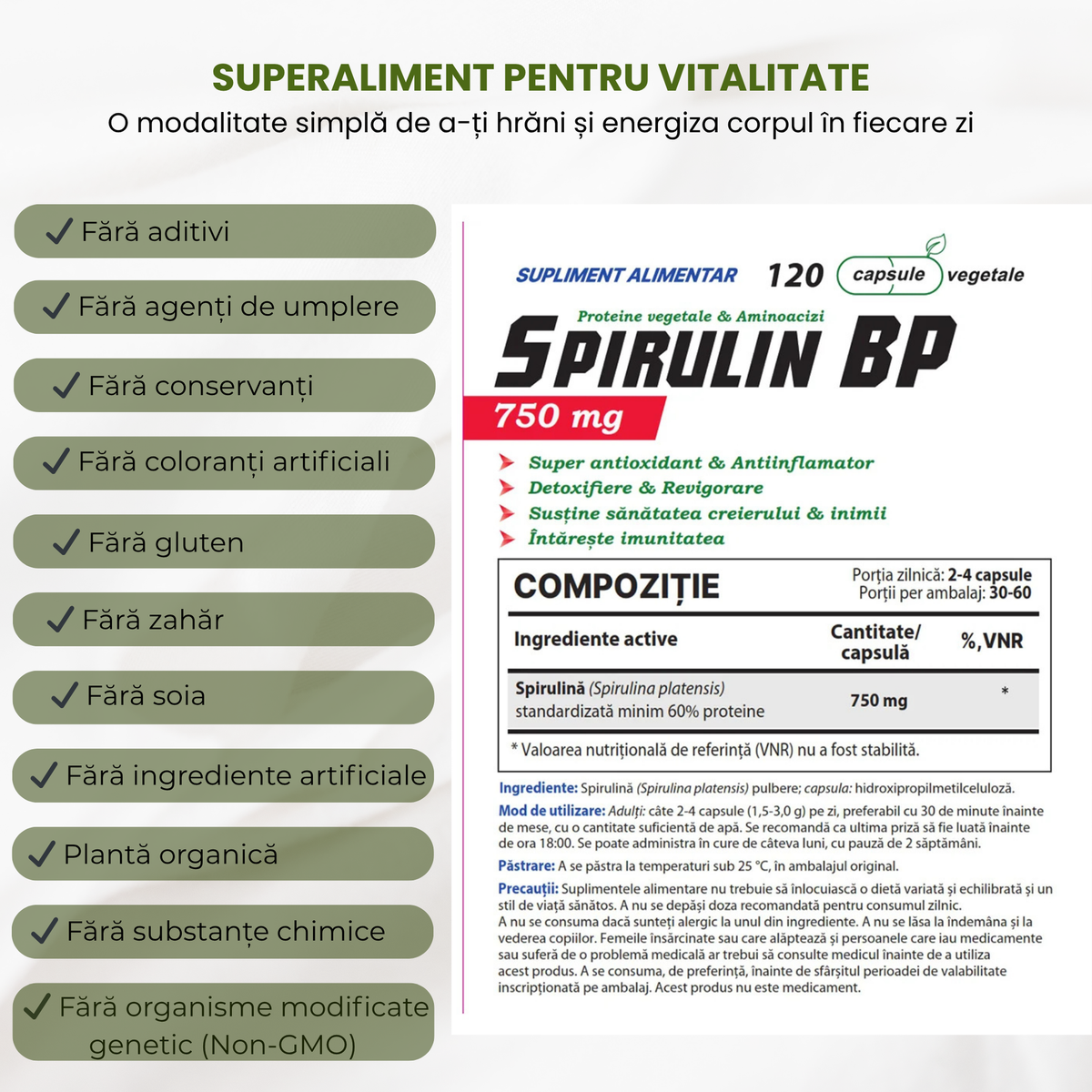 Spirulin BP, 300 g, 60 de porții, pulbere