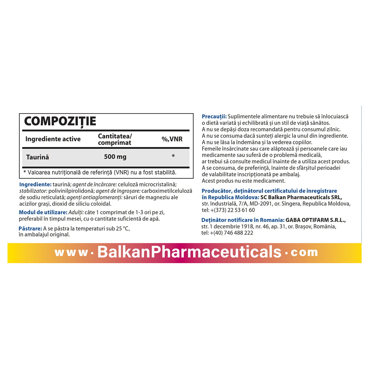 Taurină, 500 mg, 60 de comprimate