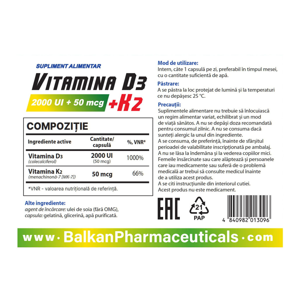 Vitamina D3 + K2, 2000 UI + 50 mcg, 30 caps.