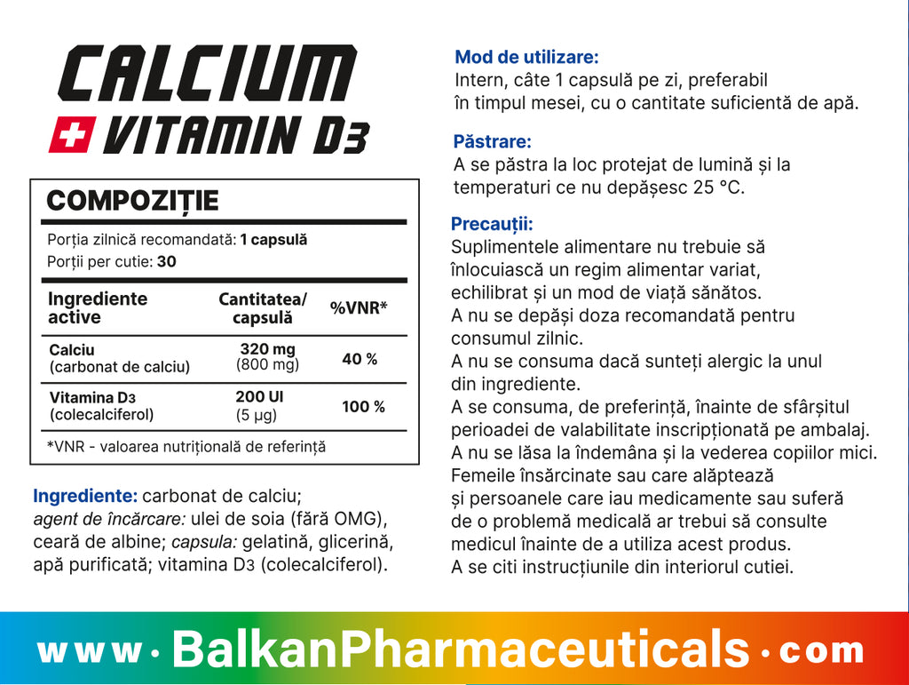 Calciu + Vitamina D3, 800 mg + 200 UI, 30 de capsule