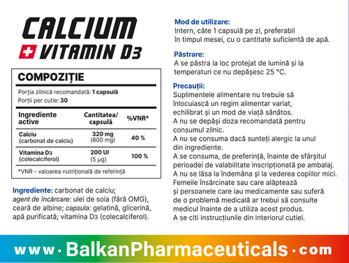 Calciu + Vitamina D3, 800 mg + 200 UI, 30 de capsule