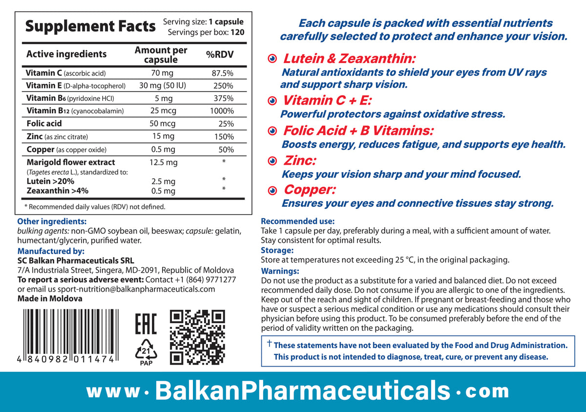 Vireta BP — supliment pentru ochi cu antioxidanți, 120 de capsule