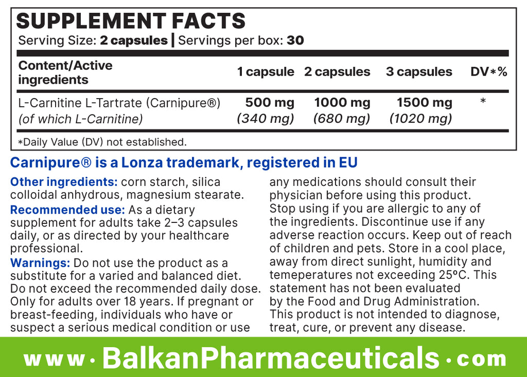 L-Carnitină BP 500 mg (L-tartrat), 60 de capsule