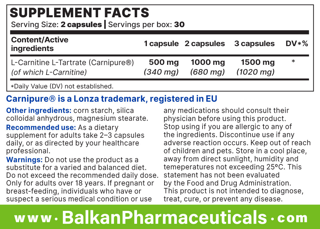 L-Carnitină BP 500 mg (L-tartrat), 60 de capsule