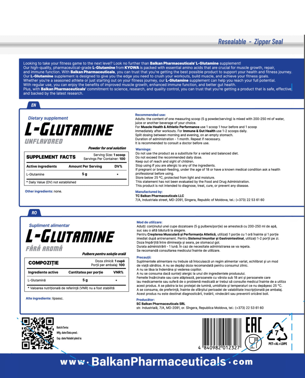 L-Glutamină, pulbere 500 g