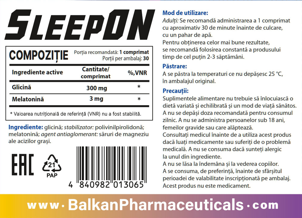 SleepON — glicină și melatonină, 30 de comprimate