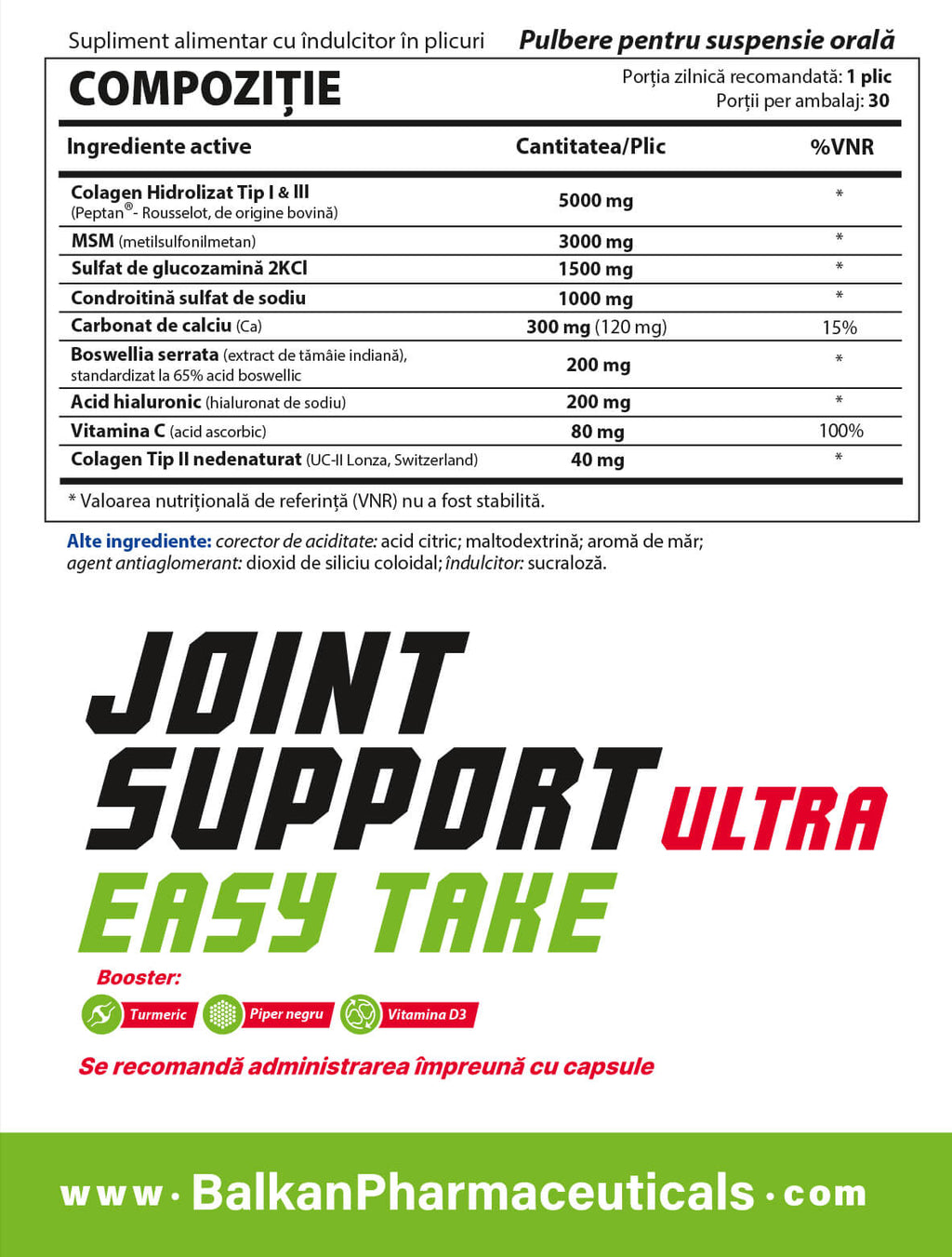 Joint Support Ultra BP — complex pentru articulații cu MSM, curcumină și boswellia, 30 de plicuri + 30 de capsule