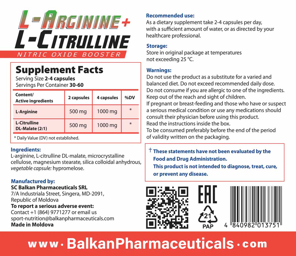 L-Arginină + L-Citrulină, 120 de capsule