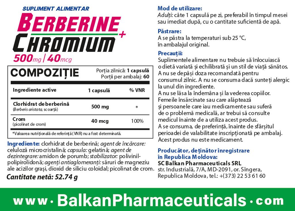 Berberină + Crom — 500 mg + 40 µg, 60 de capsule