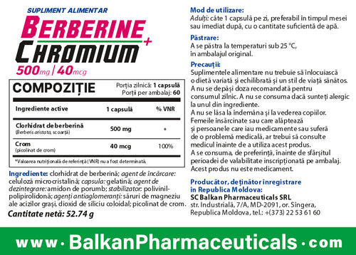 Berberină + Crom — 500 mg + 40 µg, 60 de capsule