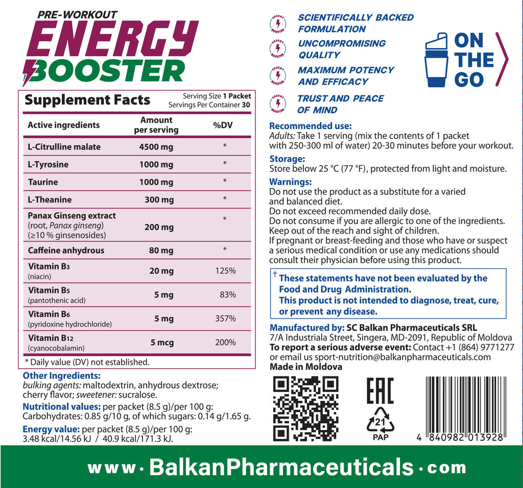 Energy Booster — pre-antrenament cu citrulină, tirozină și ginseng, 30 de plicuri